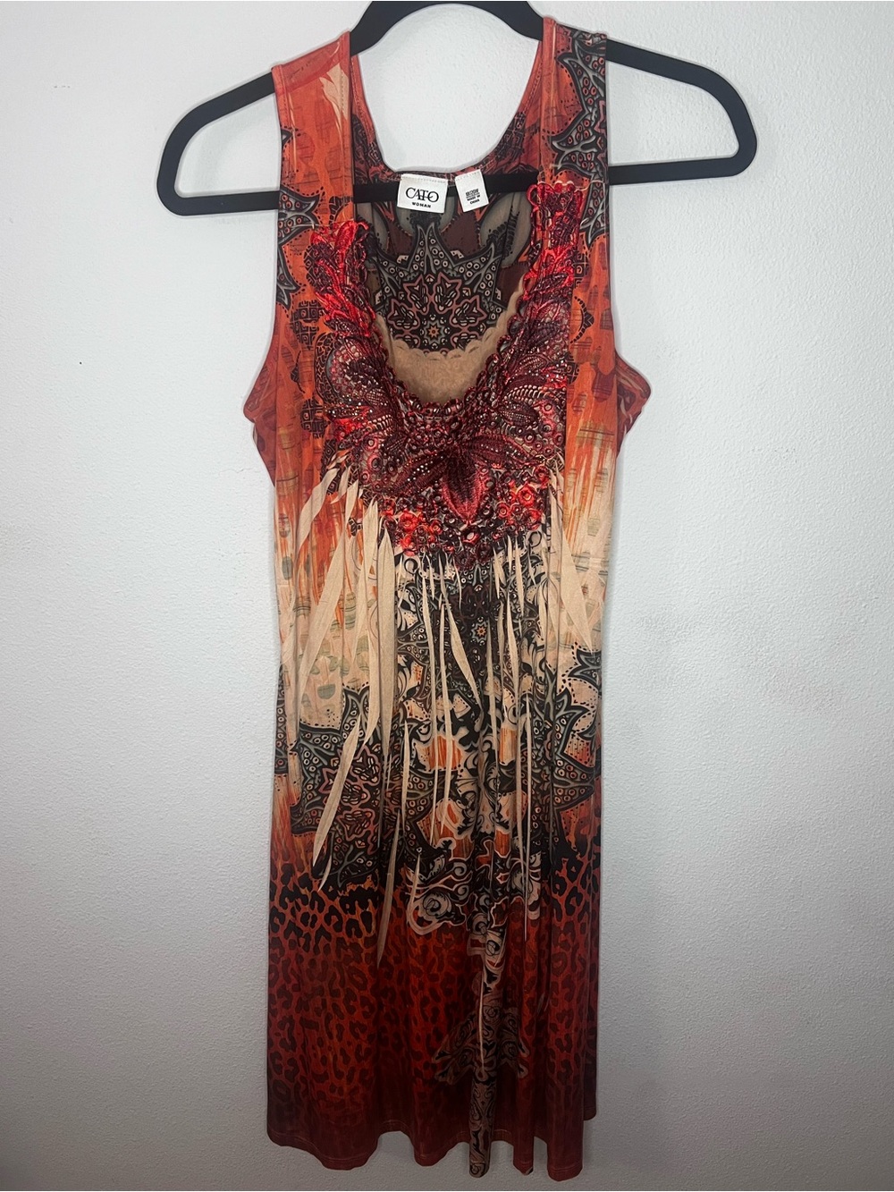 Cato Red & Beige Beaded Tank Midi Dress-84